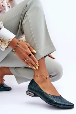 Boto Baleriny Klasyczne*Skórzane Lakierowane Baleriny Na Płaskim Obcasie Ciemnozielone Vaani