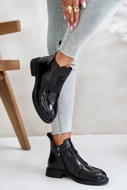 Damskie buty S.Barski Czarne Botki|Botki Płaskie*Skórzane Lakierowane Botki Damskie Na Zamek D&A JC42-24 Czarne