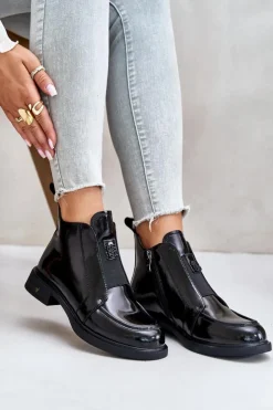 Damskie buty S.Barski Czarne Botki|Botki Płaskie*Skórzane Lakierowane Botki Damskie Na Zamek D&A JC42-24 Czarne