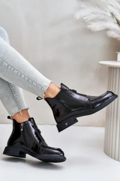 Damskie buty S.Barski Czarne Botki|Botki Płaskie*Skórzane Lakierowane Botki Damskie Na Zamek D&A JC42-24 Czarne