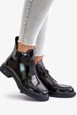 Damskie buty S.Barski Czarne Botki|Botki Płaskie*Skórzane Lakierowane Botki Damskie Na Zamek D&A JC42-24 Czarne