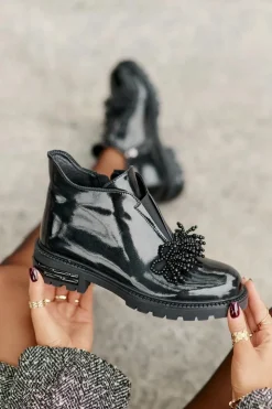 Damskie buty S.Barski Botki Zimowe Damskie|Botki Płaskie*Skórzane Lakierowane Botki Z Ozdobą Ocieplane D&A LZ42-036 Czarne