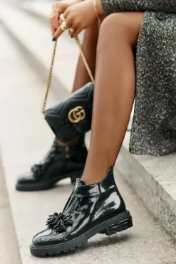 Damskie buty S.Barski Botki Zimowe Damskie|Botki Płaskie*Skórzane Lakierowane Botki Z Ozdobą Ocieplane D&A LZ42-036 Czarne