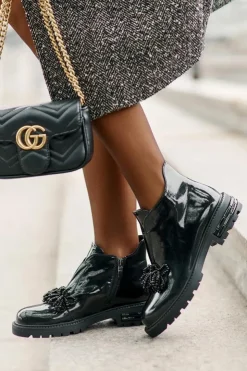 Damskie buty S.Barski Botki Zimowe Damskie|Botki Płaskie*Skórzane Lakierowane Botki Z Ozdobą Ocieplane D&A LZ42-036 Czarne