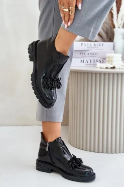 Damskie buty S.Barski Botki Zimowe Damskie|Botki Płaskie*Skórzane Lakierowane Botki Z Ozdobą Ocieplane D&A LZ42-036 Czarne