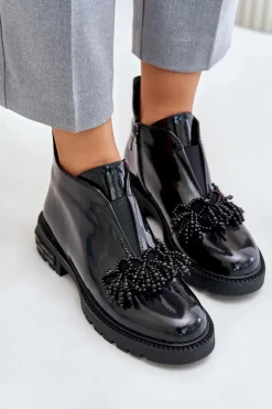 Damskie buty S.Barski Botki Zimowe Damskie|Botki Płaskie*Skórzane Lakierowane Botki Z Ozdobą Ocieplane D&A LZ42-036 Czarne