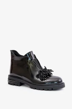 Damskie buty S.Barski Botki Zimowe Damskie|Botki Płaskie*Skórzane Lakierowane Botki Z Ozdobą Ocieplane D&A LZ42-036 Czarne