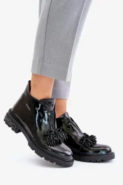 Damskie buty S.Barski Botki Zimowe Damskie|Botki Płaskie*Skórzane Lakierowane Botki Z Ozdobą Ocieplane D&A LZ42-036 Czarne