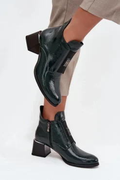 Zazoo Botki Ocieplane|Botki Zimowe Damskie*Skórzane Lakierowane Botki Na Klocku Z Ozdobnym Detalem Ocieplane 60560 Ciemnozielone Zielony