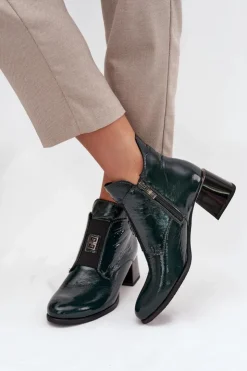 Zazoo Botki Ocieplane|Botki Zimowe Damskie*Skórzane Lakierowane Botki Na Klocku Z Ozdobnym Detalem Ocieplane 60560 Ciemnozielone Zielony