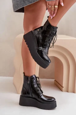 Damskie Maciejka Skórzane Lakierowane Botki Na Platformie I Koturnie 06762-01 Czarne