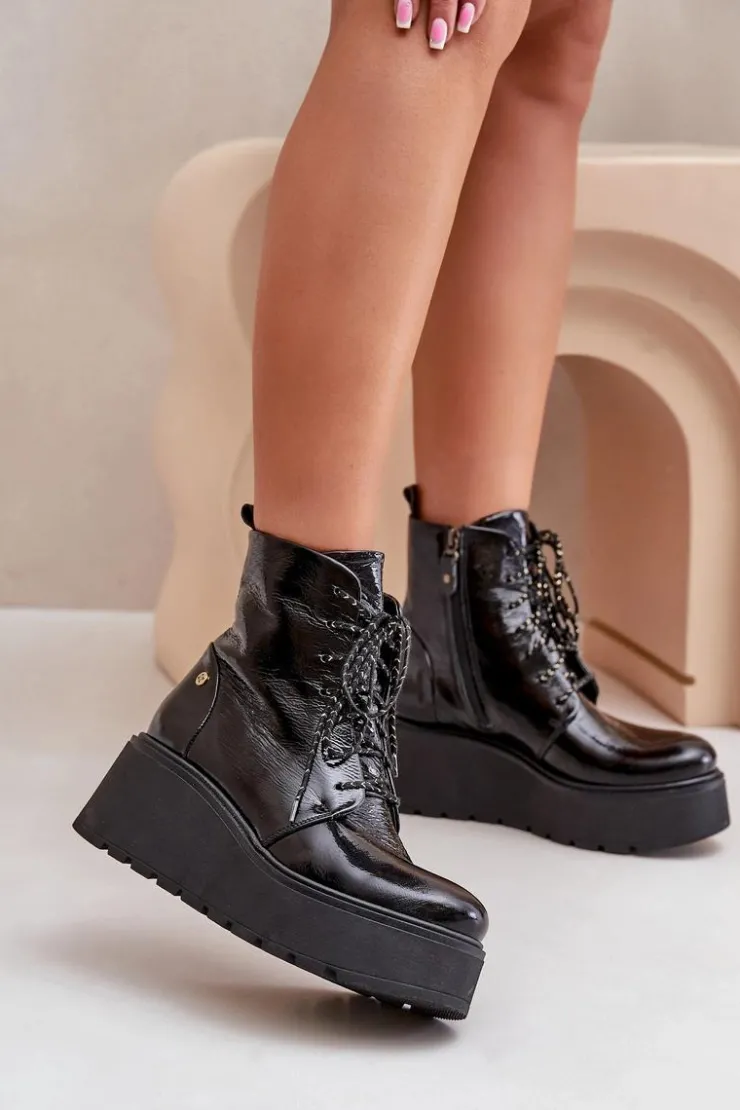 Damskie Maciejka Skórzane Lakierowane Botki Na Platformie I Koturnie 06762-01 Czarne