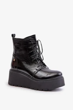 Damskie Maciejka Skórzane Lakierowane Botki Na Platformie I Koturnie 06762-01 Czarne