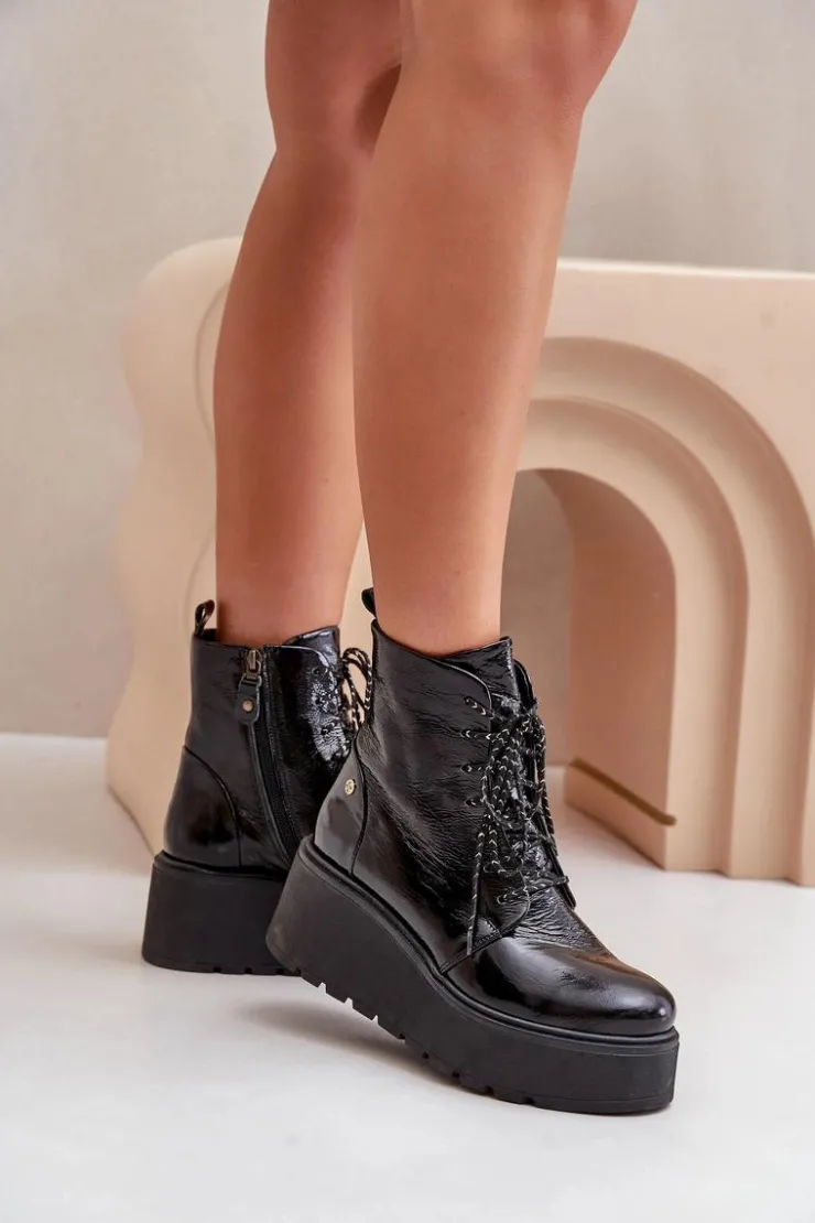 Damskie Maciejka Skórzane Lakierowane Botki Na Platformie I Koturnie 06762-01 Czarne