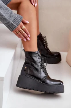 Damskie Maciejka Skórzane Lakierowane Botki Na Platformie I Koturnie 06762-01 Czarne