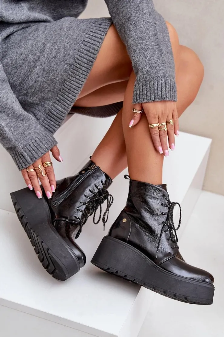 Damskie Maciejka Skórzane Lakierowane Botki Na Platformie I Koturnie 06762-01 Czarne