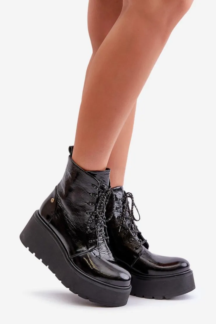 Damskie Maciejka Skórzane Lakierowane Botki Na Platformie I Koturnie 06762-01 Czarne