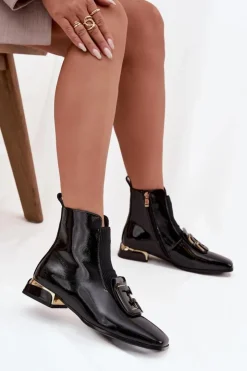 Damskie D&A Skórzane Lakierowane Botki Damskie Na Niskim Obcasie Z Ozdobą MR52-216 Czarne