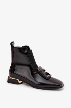 Damskie D&A Skórzane Lakierowane Botki Damskie Na Niskim Obcasie Z Ozdobą MR52-216 Czarne