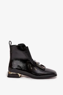 Damskie D&A Skórzane Lakierowane Botki Damskie Na Niskim Obcasie Z Ozdobą MR52-216 Czarne