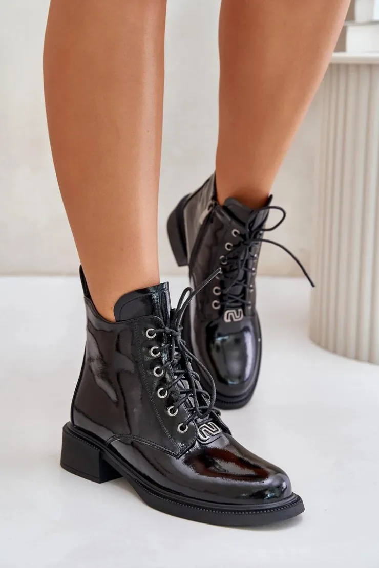 Evento Botki Ocieplane|Botki Sznurowane*Skórzane Lakierowane Botki Z Ociepleniem Czarne Bellani