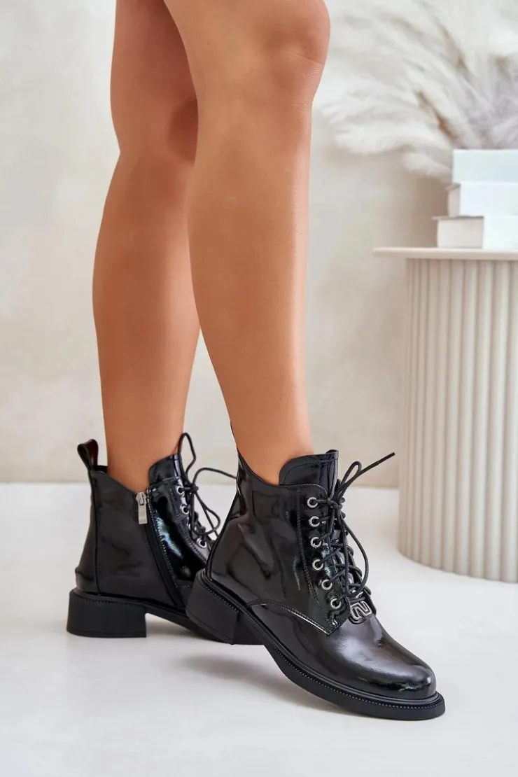 Evento Botki Ocieplane|Botki Sznurowane*Skórzane Lakierowane Botki Z Ociepleniem Czarne Bellani