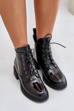 Evento Botki Ocieplane|Botki Sznurowane*Skórzane Lakierowane Botki Z Ociepleniem Czarne Bellani
