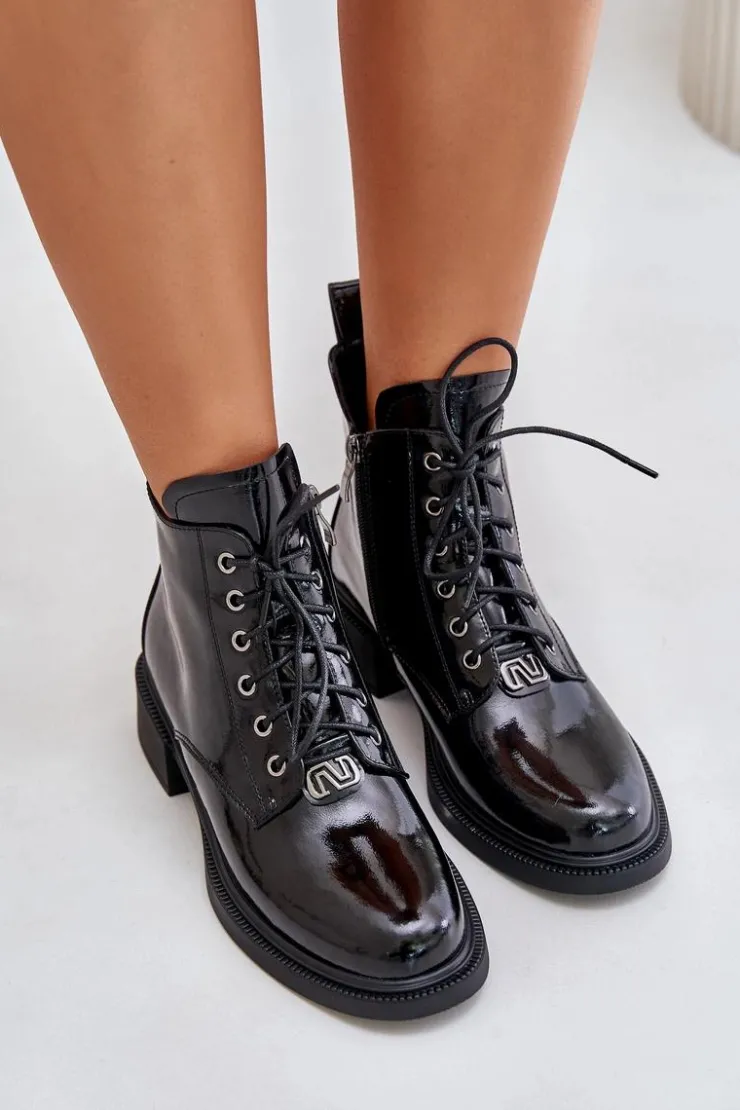 Evento Botki Ocieplane|Botki Sznurowane*Skórzane Lakierowane Botki Z Ociepleniem Czarne Bellani