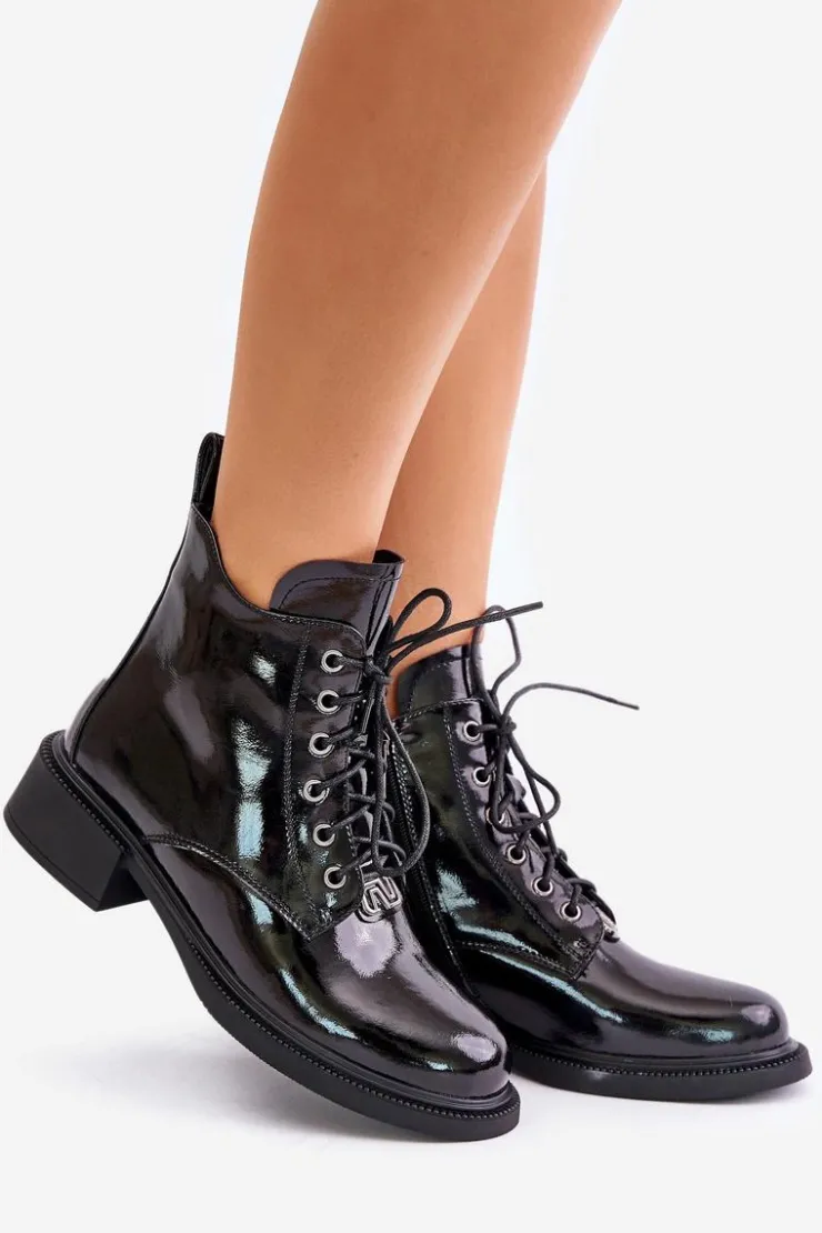 Evento Botki Ocieplane|Botki Sznurowane*Skórzane Lakierowane Botki Z Ociepleniem Czarne Bellani