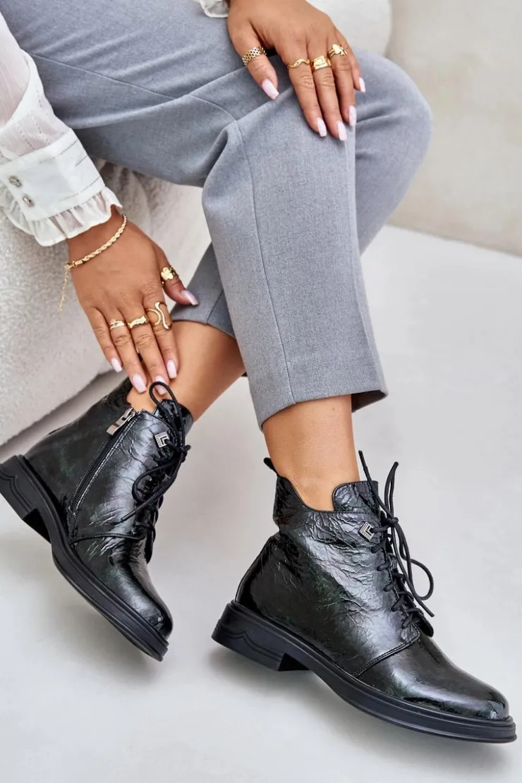 Damskie buty S.Barski Botki Ocieplane|Damskie Trapery*Skórzane Lakierowane Botki Damskie Ocieplane Na Zamek D&A LZ42-042 Ciemnozielone Zielony