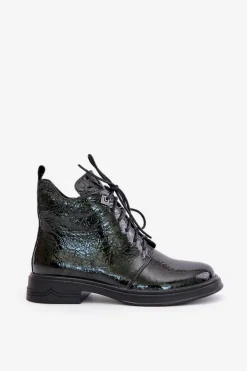 Damskie buty S.Barski Botki Ocieplane|Damskie Trapery*Skórzane Lakierowane Botki Damskie Ocieplane Na Zamek D&A LZ42-042 Ciemnozielone Zielony