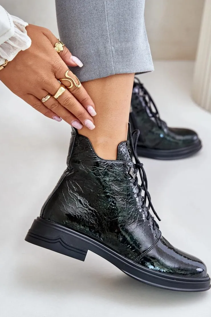 Damskie buty S.Barski Botki Ocieplane|Damskie Trapery*Skórzane Lakierowane Botki Damskie Ocieplane Na Zamek D&A LZ42-042 Ciemnozielone Zielony