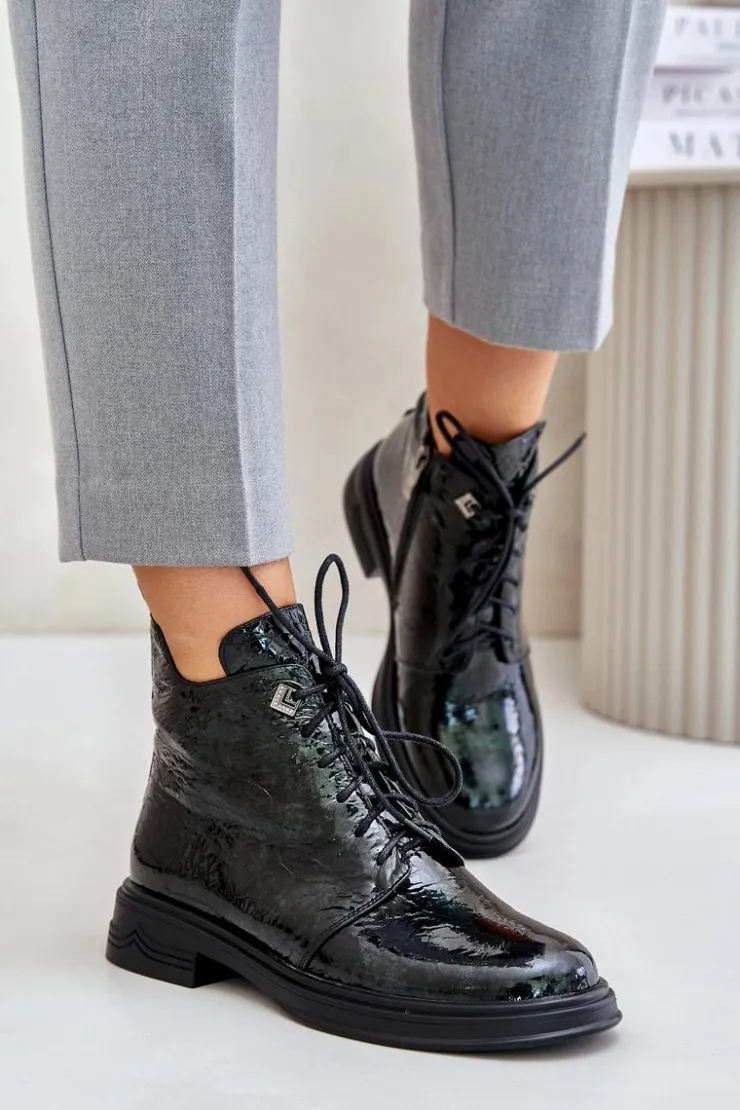 Damskie buty S.Barski Botki Ocieplane|Damskie Trapery*Skórzane Lakierowane Botki Damskie Ocieplane Na Zamek D&A LZ42-042 Ciemnozielone Zielony