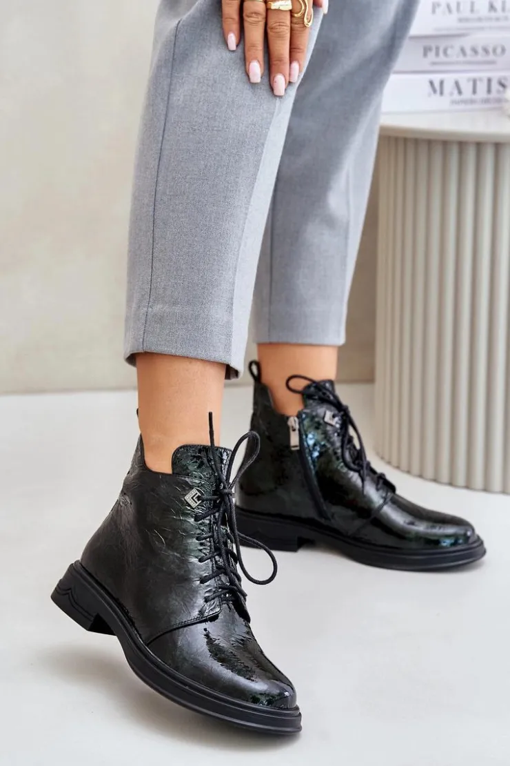 Damskie buty S.Barski Botki Ocieplane|Damskie Trapery*Skórzane Lakierowane Botki Damskie Ocieplane Na Zamek D&A LZ42-042 Ciemnozielone Zielony