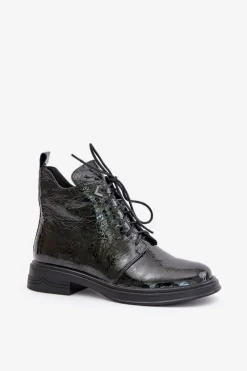 Damskie buty S.Barski Botki Ocieplane|Damskie Trapery*Skórzane Lakierowane Botki Damskie Ocieplane Na Zamek D&A LZ42-042 Ciemnozielone Zielony