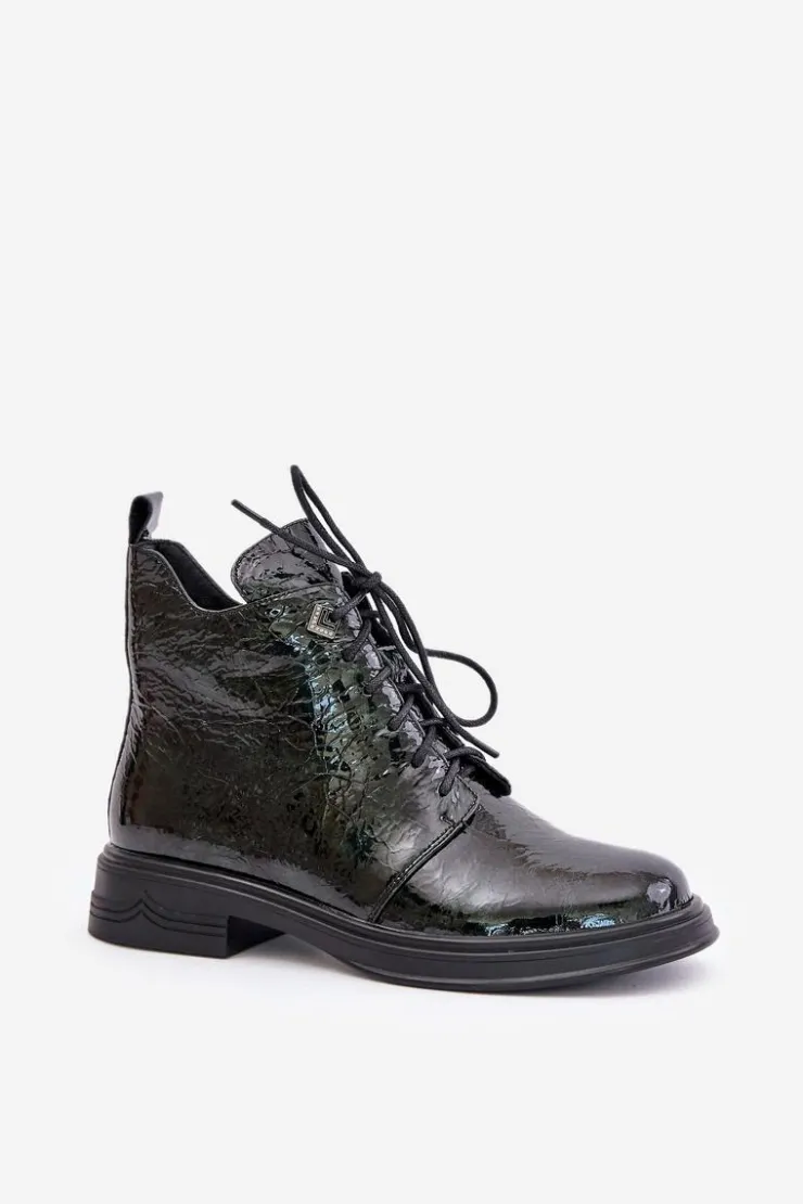 Damskie buty S.Barski Botki Ocieplane|Damskie Trapery*Skórzane Lakierowane Botki Damskie Ocieplane Na Zamek D&A LZ42-042 Ciemnozielone Zielony