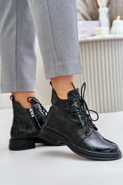 Damskie buty S.Barski Botki Ocieplane|Damskie Trapery*Skórzane Lakierowane Botki Damskie Ocieplane Na Zamek D&A LZ42-042 Ciemnozielone Zielony