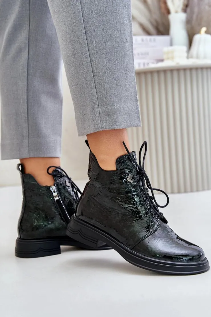 Damskie buty S.Barski Botki Ocieplane|Damskie Trapery*Skórzane Lakierowane Botki Damskie Ocieplane Na Zamek D&A LZ42-042 Ciemnozielone Zielony