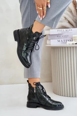 Damskie buty S.Barski Botki Ocieplane|Damskie Trapery*Skórzane Lakierowane Botki Damskie Ocieplane Na Zamek D&A LZ42-042 Ciemnozielone Zielony