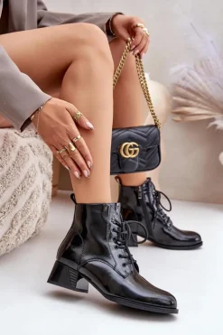 Damskie Damskie buty S.Barski Skórzane Lakierowane Botki Na Klocku Ocieplane D&A JC42-53 Czarne