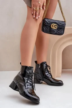 Damskie Damskie buty S.Barski Skórzane Lakierowane Botki Na Klocku Ocieplane D&A JC42-53 Czarne