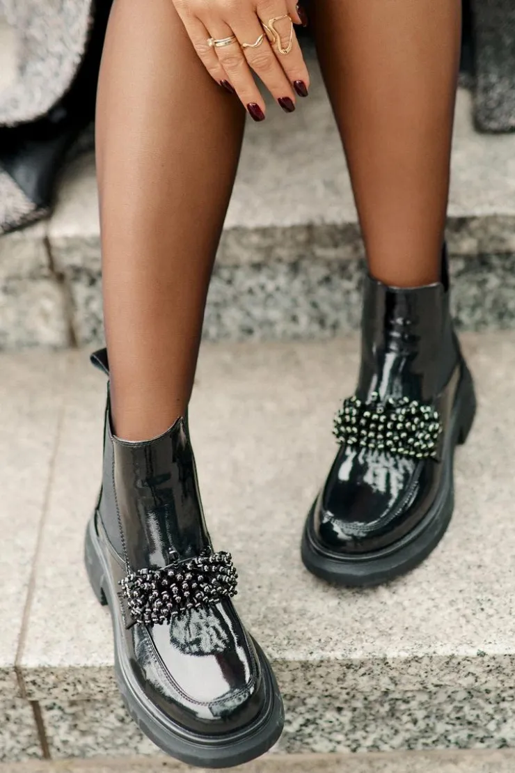 Evento Botki Ocieplane|Czarne Botki*Skórzane Lakierowane Botki Z Ozdobą Wsuwane Ocieplane Czarne Solimav