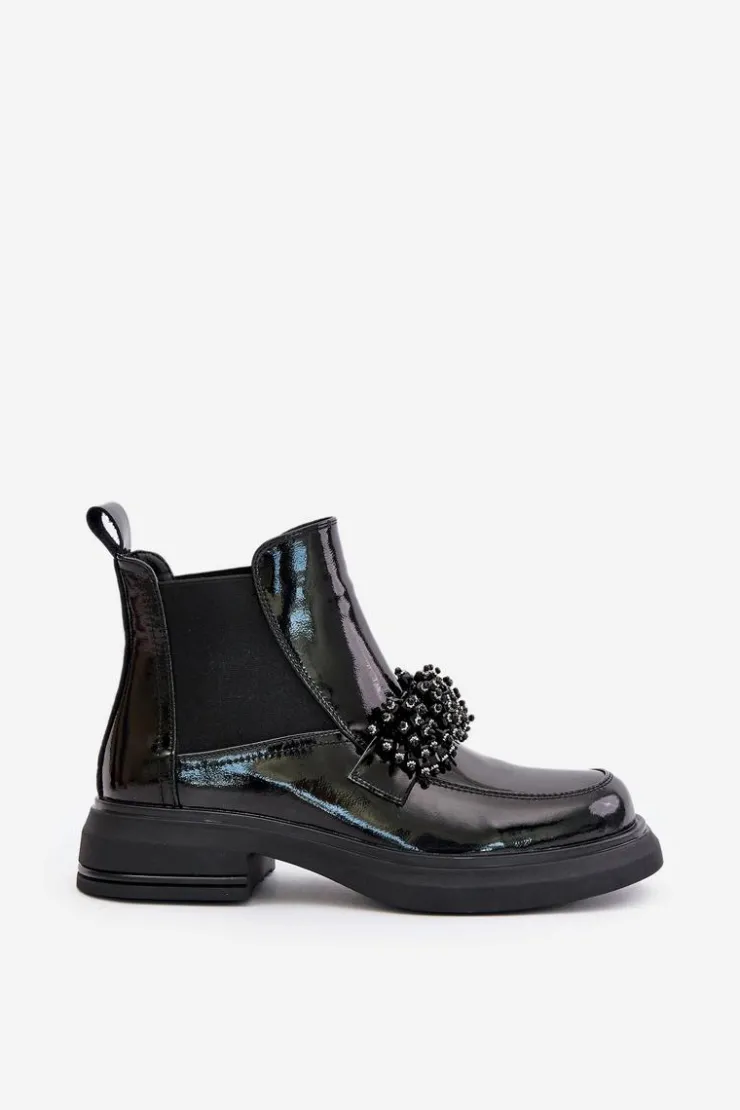 Evento Botki Ocieplane|Czarne Botki*Skórzane Lakierowane Botki Z Ozdobą Wsuwane Ocieplane Czarne Solimav