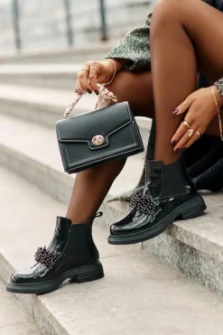 Evento Botki Ocieplane|Czarne Botki*Skórzane Lakierowane Botki Z Ozdobą Wsuwane Ocieplane Czarne Solimav