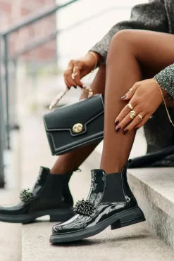 Evento Botki Ocieplane|Czarne Botki*Skórzane Lakierowane Botki Z Ozdobą Wsuwane Ocieplane Czarne Solimav