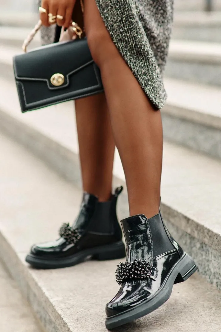 Evento Botki Ocieplane|Czarne Botki*Skórzane Lakierowane Botki Z Ozdobą Wsuwane Ocieplane Czarne Solimav