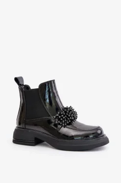 Evento Botki Ocieplane|Czarne Botki*Skórzane Lakierowane Botki Z Ozdobą Wsuwane Ocieplane Czarne Solimav