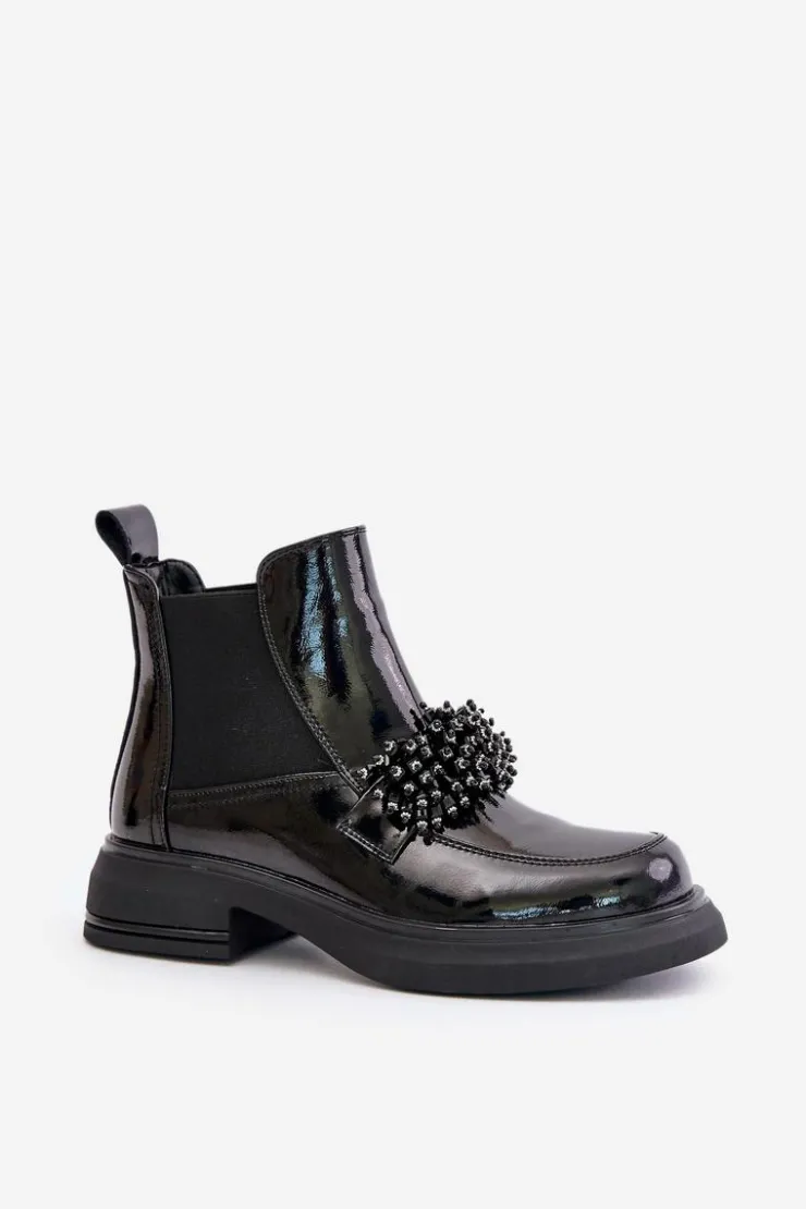 Evento Botki Ocieplane|Czarne Botki*Skórzane Lakierowane Botki Z Ozdobą Wsuwane Ocieplane Czarne Solimav