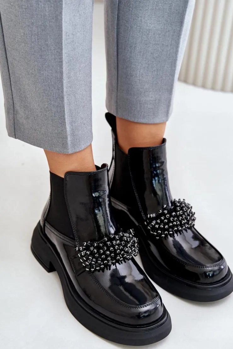 Evento Botki Ocieplane|Czarne Botki*Skórzane Lakierowane Botki Z Ozdobą Wsuwane Ocieplane Czarne Solimav
