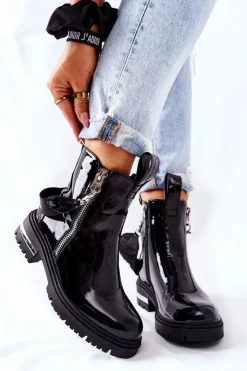 Boto Skórzane Lakierowane Botki Z Suwakiem Czarne Cortona